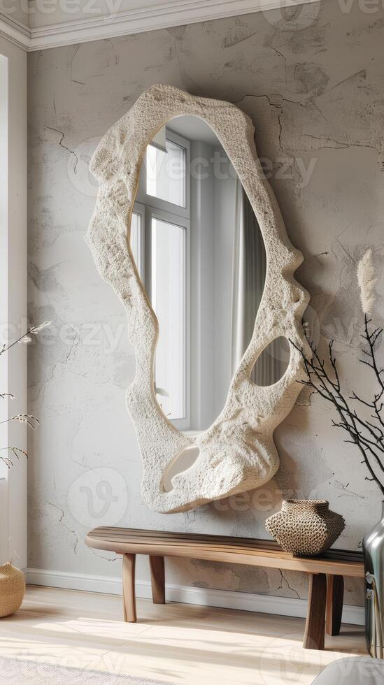 Organic shaped asymmetrical mirror with a wooden frame on the wall in front of the bench, wabi sabi interior design photo