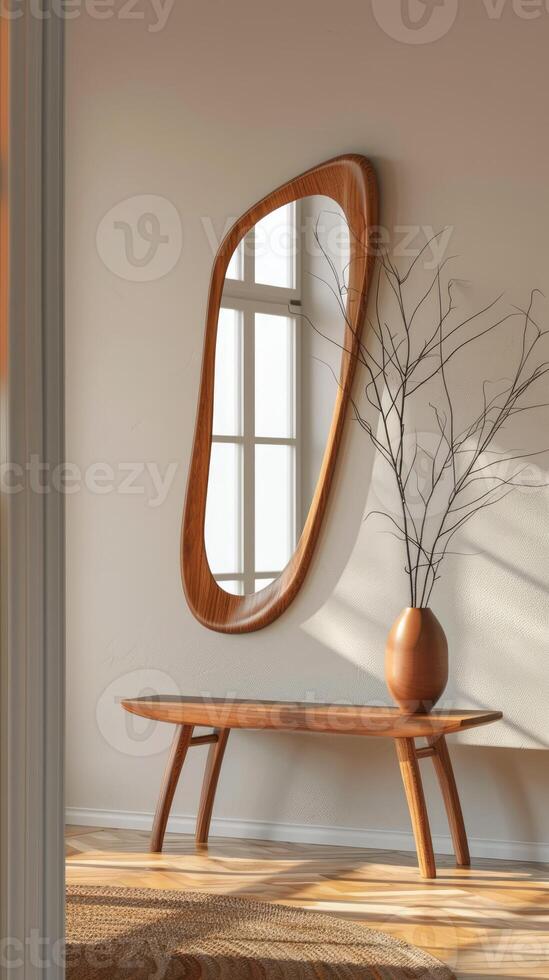 Organic shaped asymmetrical mirror with a wooden frame on the wall in front of the bench, wabi sabi interior design photo