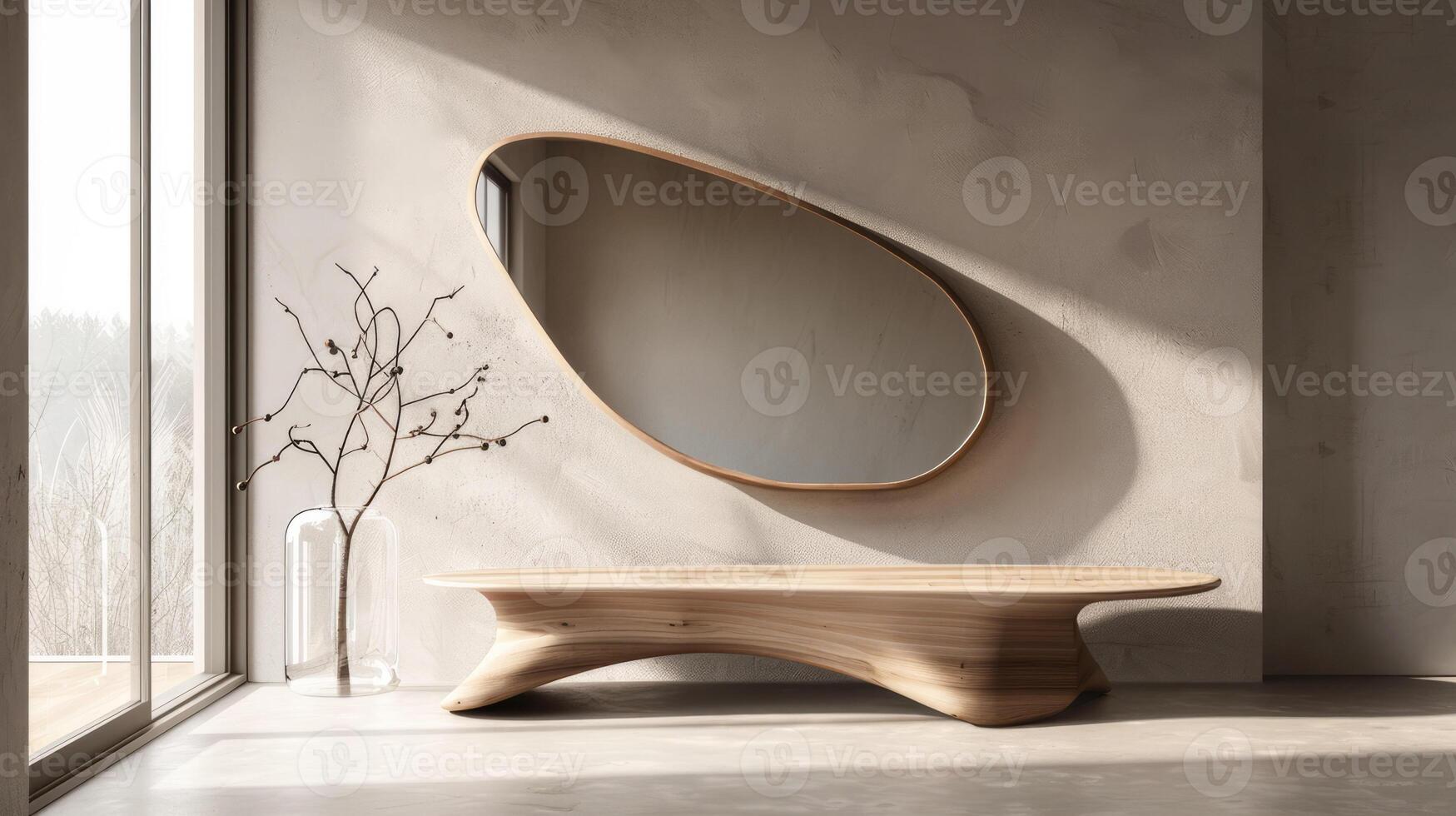 Organic shaped asymmetrical mirror with a wooden frame on the wall in front of the bench, wabi sabi interior design photo