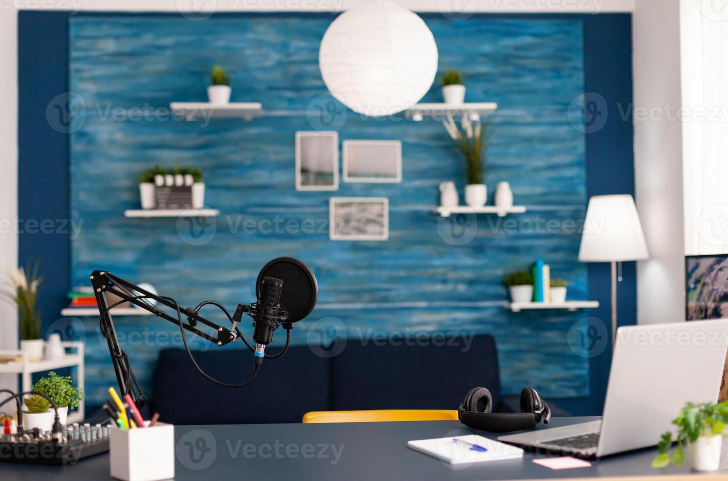 Professional setup for online talk show at home studio of blogger. Influencer recording social media content with professional equipment and digital web internet streaming station photo