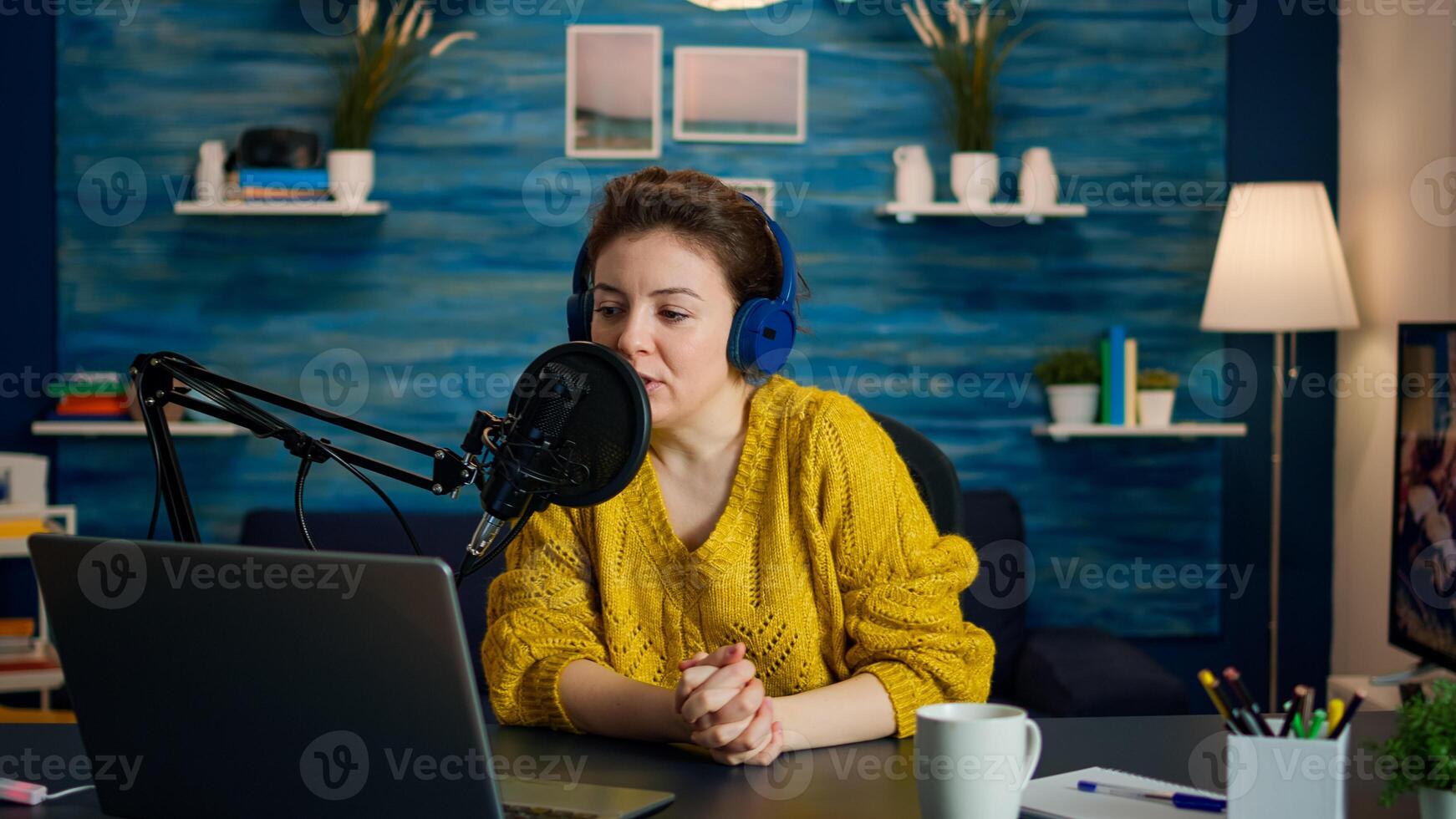 Influencer discussing with fan during live on social media recording new vlog in living room. On-air online production internet broadcast show host streaming live content, blogger during livestreaming photo
