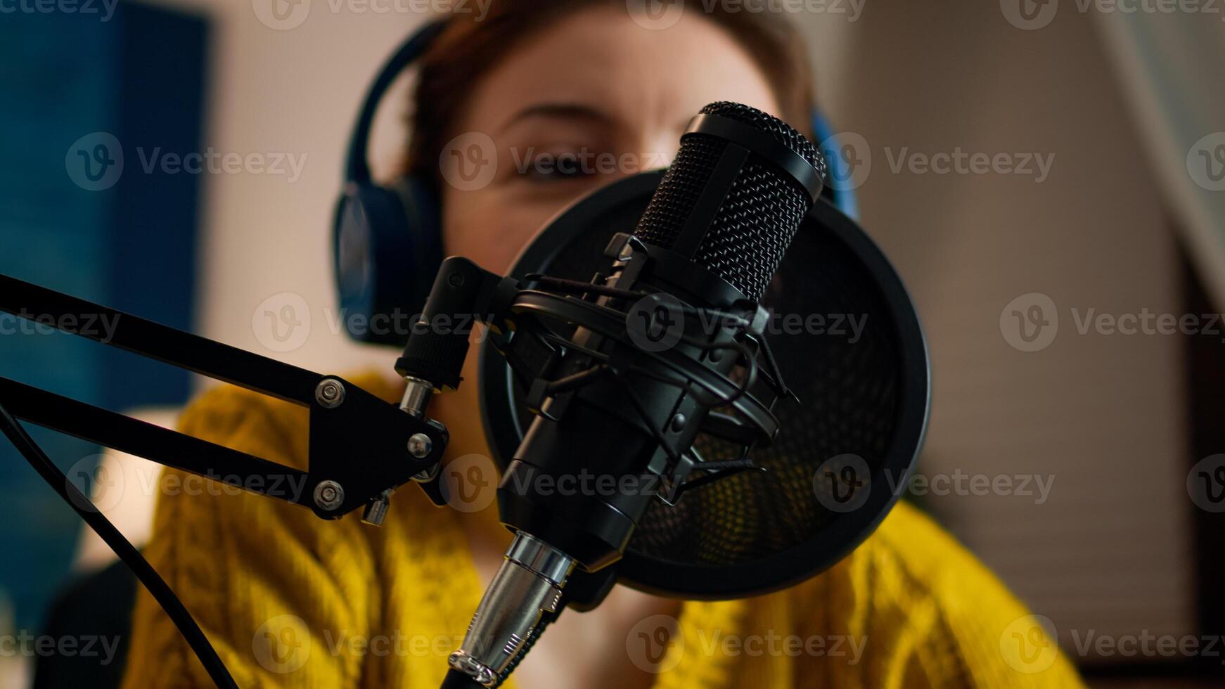 Woman vlogger answering questions from fans on online podcast show. Creative online show On-air production internet broadcast host streaming live content, recording digital social media communication photo