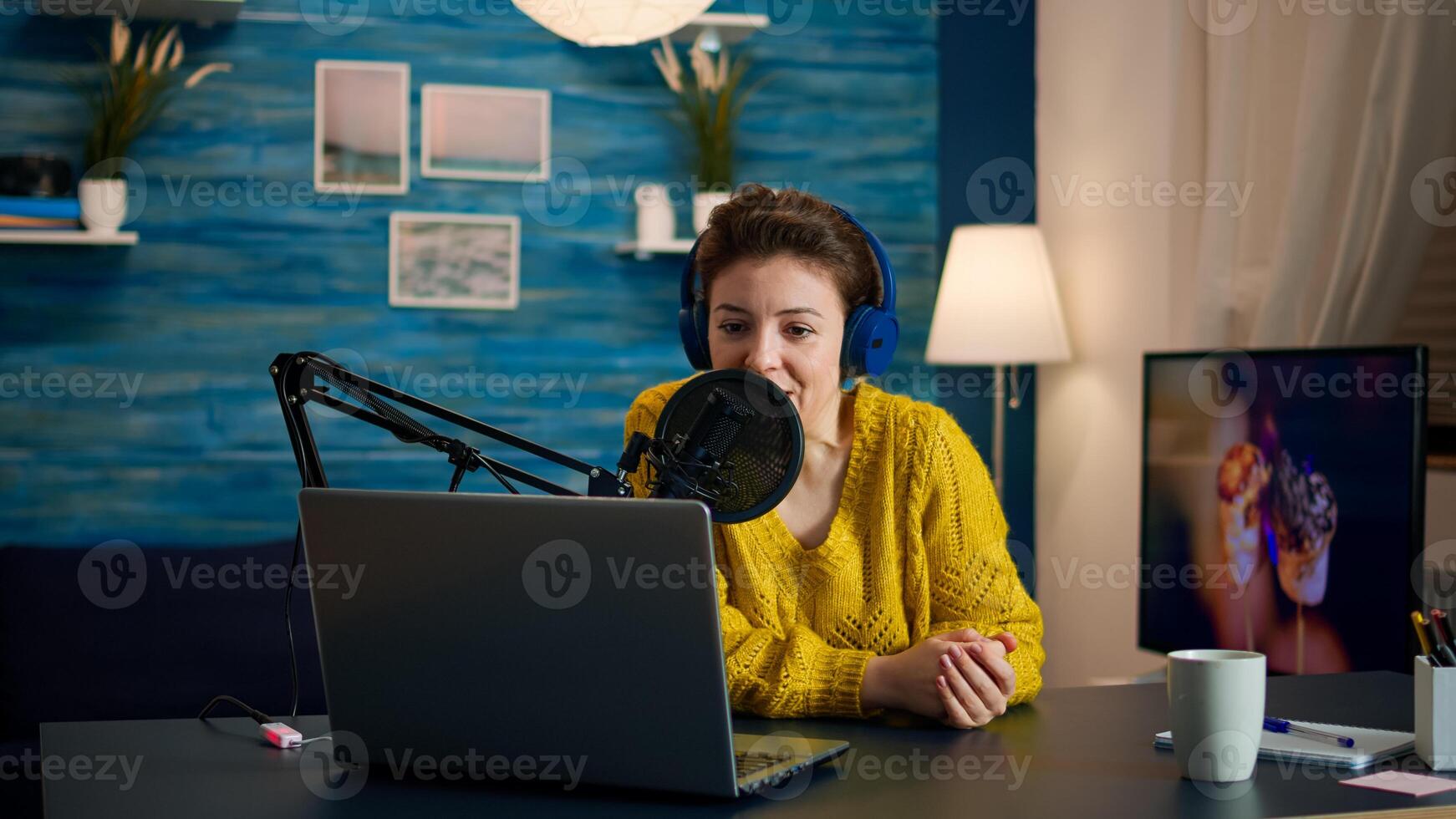 Blogger speaking with followers on live podcast using headphones. Creative online show On-air production internet broadcast host streaming live content, recording digital social media communication photo