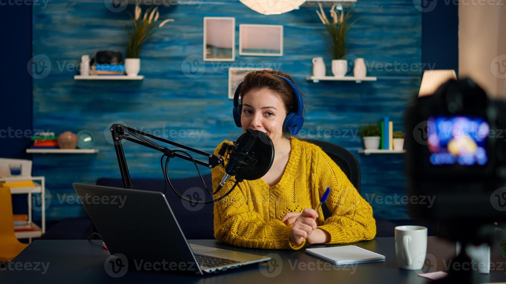 Creative vlogger recording podcast using production station in home studio. Creative online show On-air production internet broadcast host streaming live content, digital social media communication photo