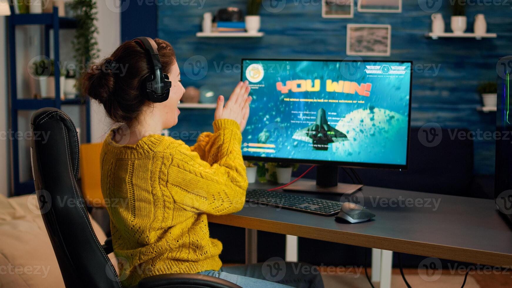 Esport of pro gamer playing game with new graphics winning championship, stylish design cyber games room. Virtual shooter game in cyberspace, esports player performing on pc gaming tournament photo