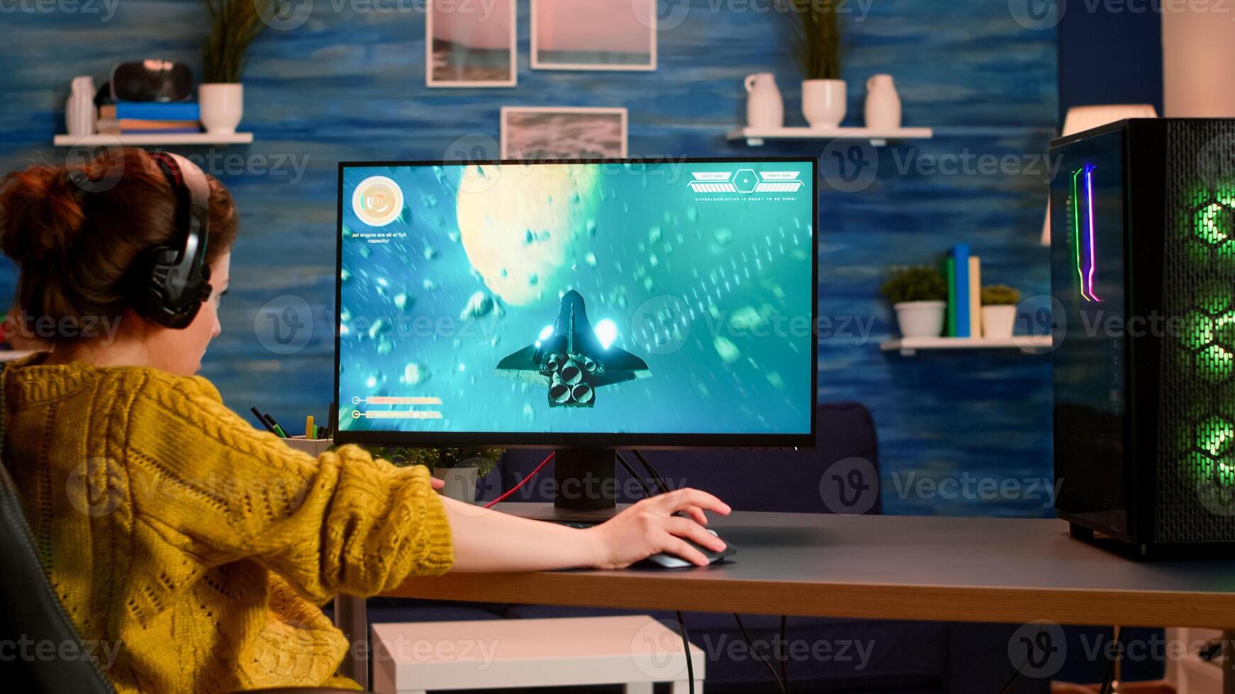 Professional pro gamer playing space shooter game new graphics on powerful computer from home. Virtual shooter game in cyberspace, esports player performing on pc gaming tournament photo