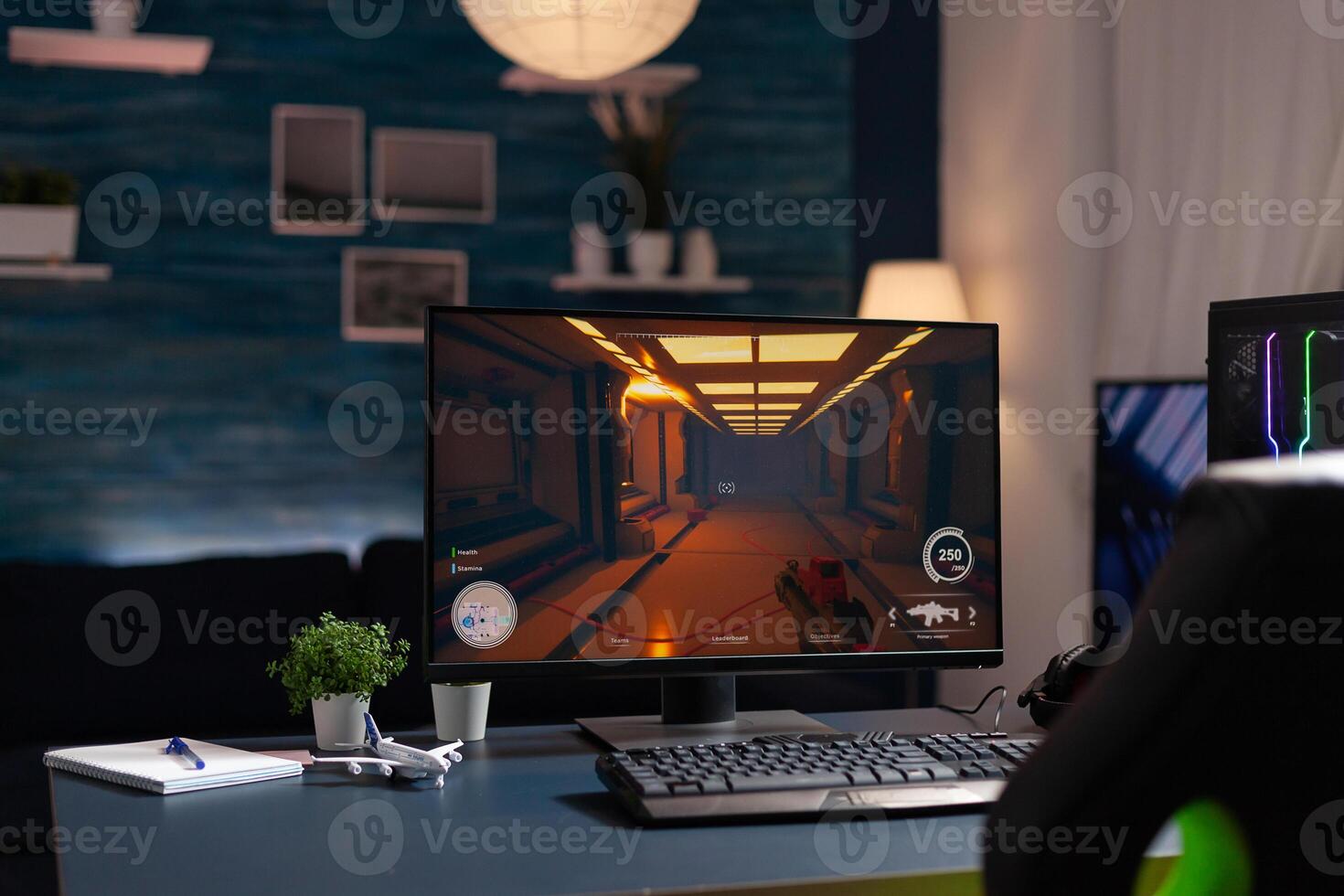 Empty room with powerful computer for online competition and streaming chair, home studio is equipped with professional gaming equipment photo