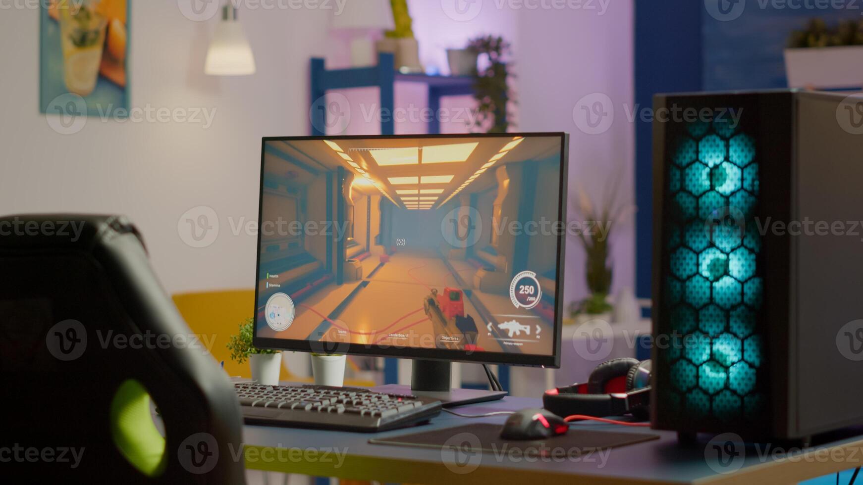 Gaming room no people in equiped with RGB powerful personal computer for online videogames tournament and gaming chair, first-person shooter game on screen. Cozy room with neon light. photo