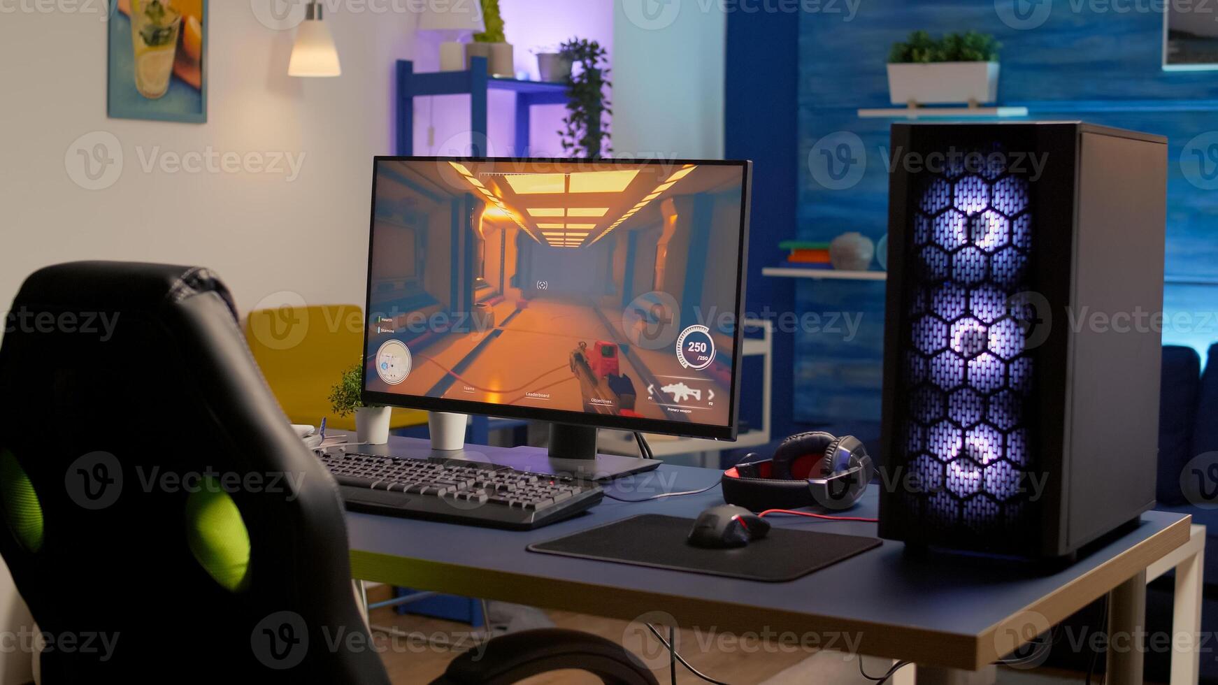 Empty gaming romm with RGB professional keyboard, mouse and headset. Pro gamer using powerful computer for first person shooter tournament late at night in home studio photo