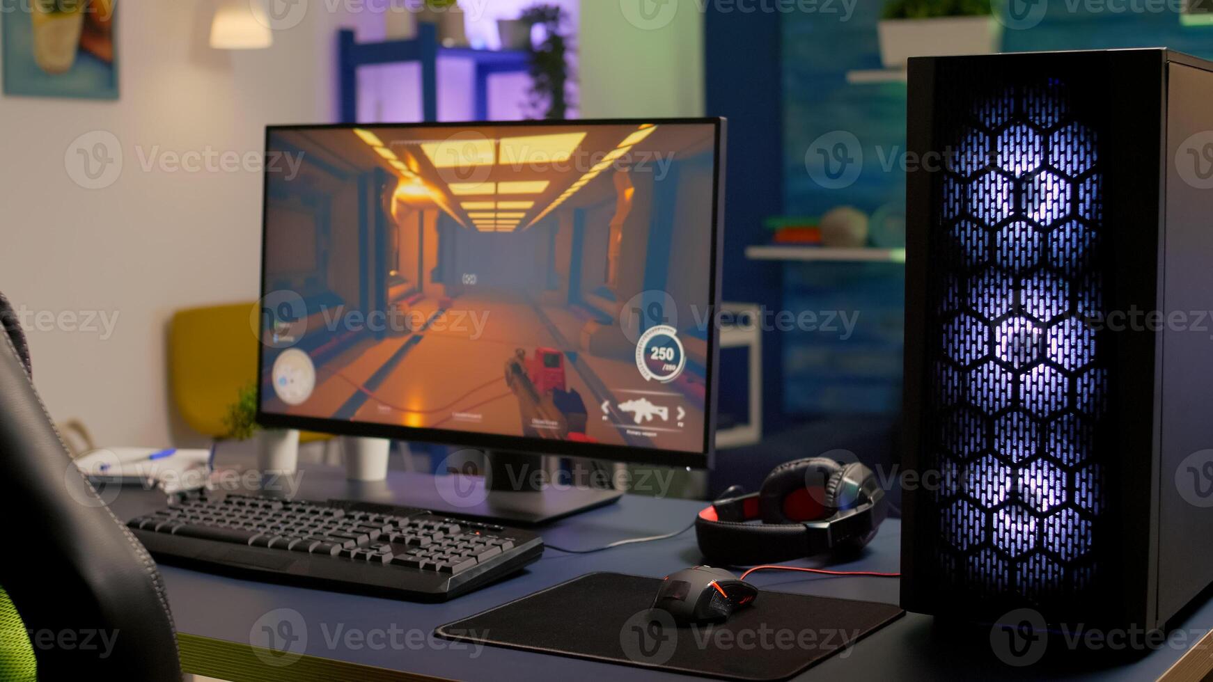 Empty room with nobody in it with professional gaming equipment. Pro gamer using powerful computer for first person shooter game during online competition photo