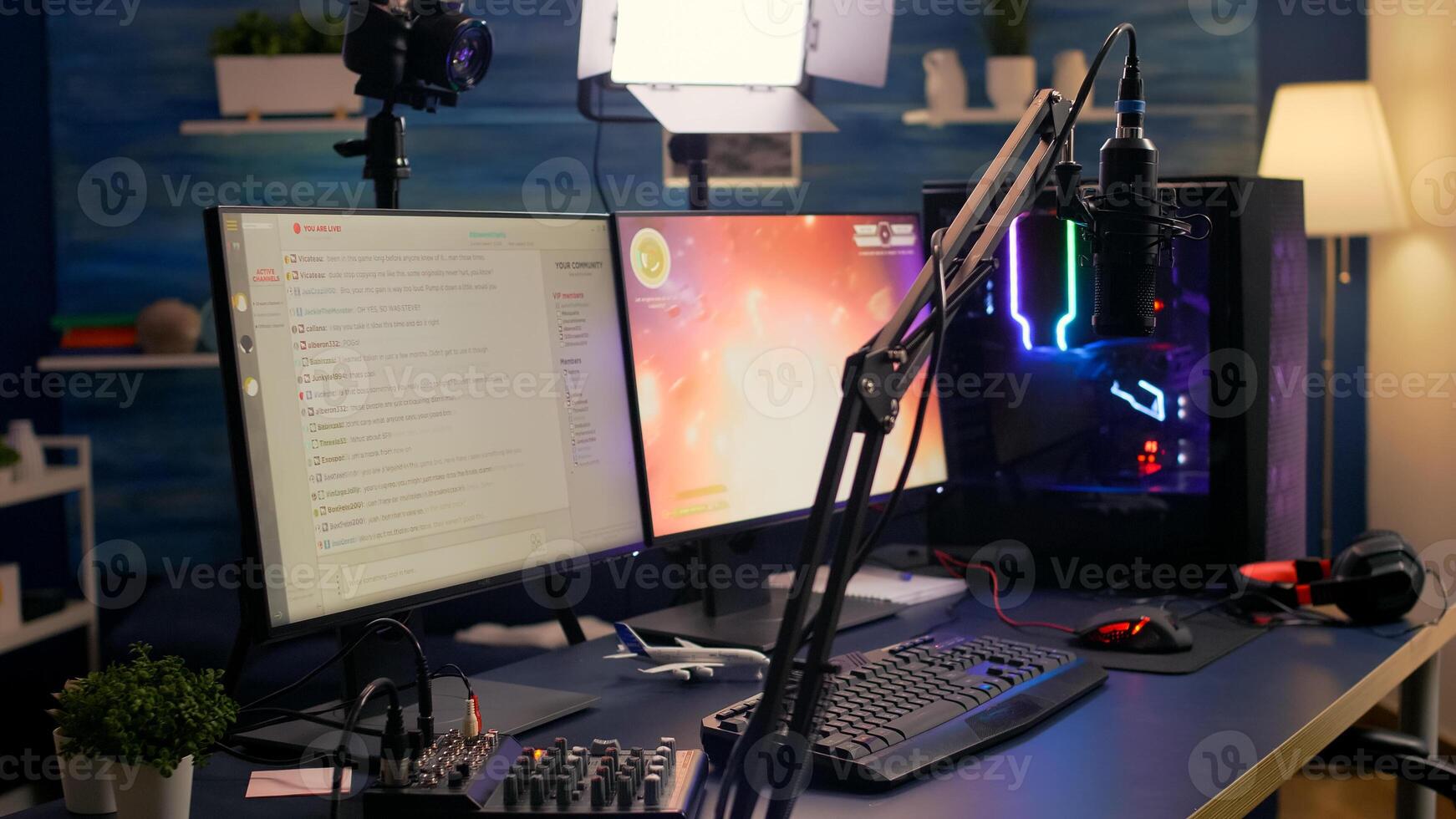 Close-up of streaming chat in empty gaming studio during online games tournament. Pro streamer losing space shooter games using technology network wireless photo