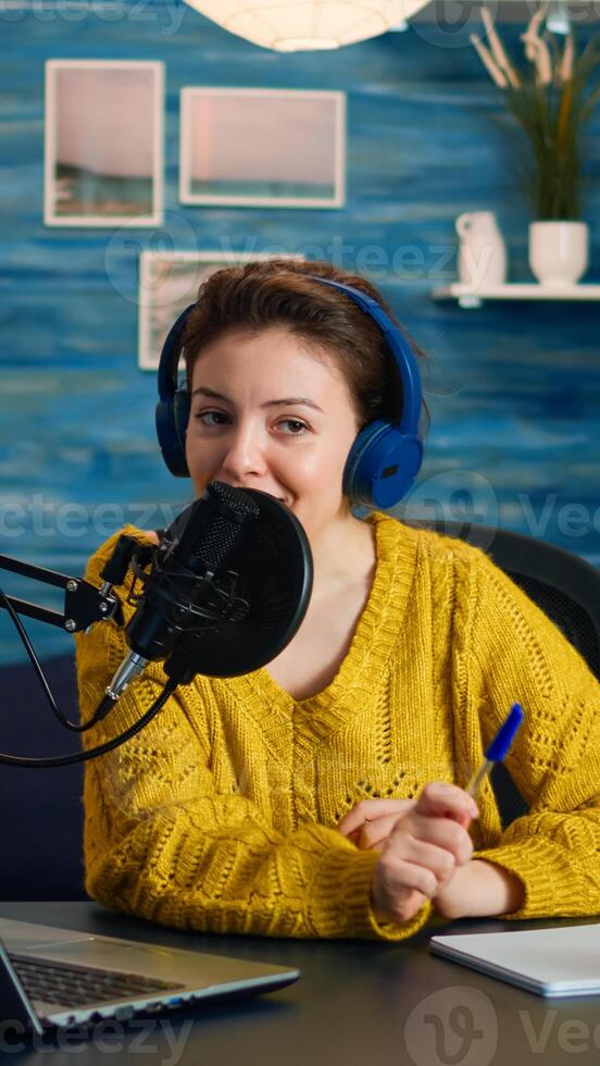 Creative vlogger recording podcast using production station in home studio. Creative online show On-air production internet broadcast host streaming live content, digital social media communication photo