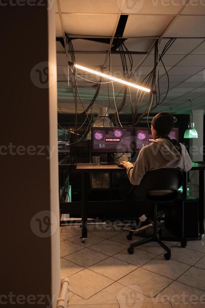 Hacker accessing computer system, stealing database password, hacking server, cyberattack. Cybersecurity, malicious software using, ransomware attack, malware programming photo