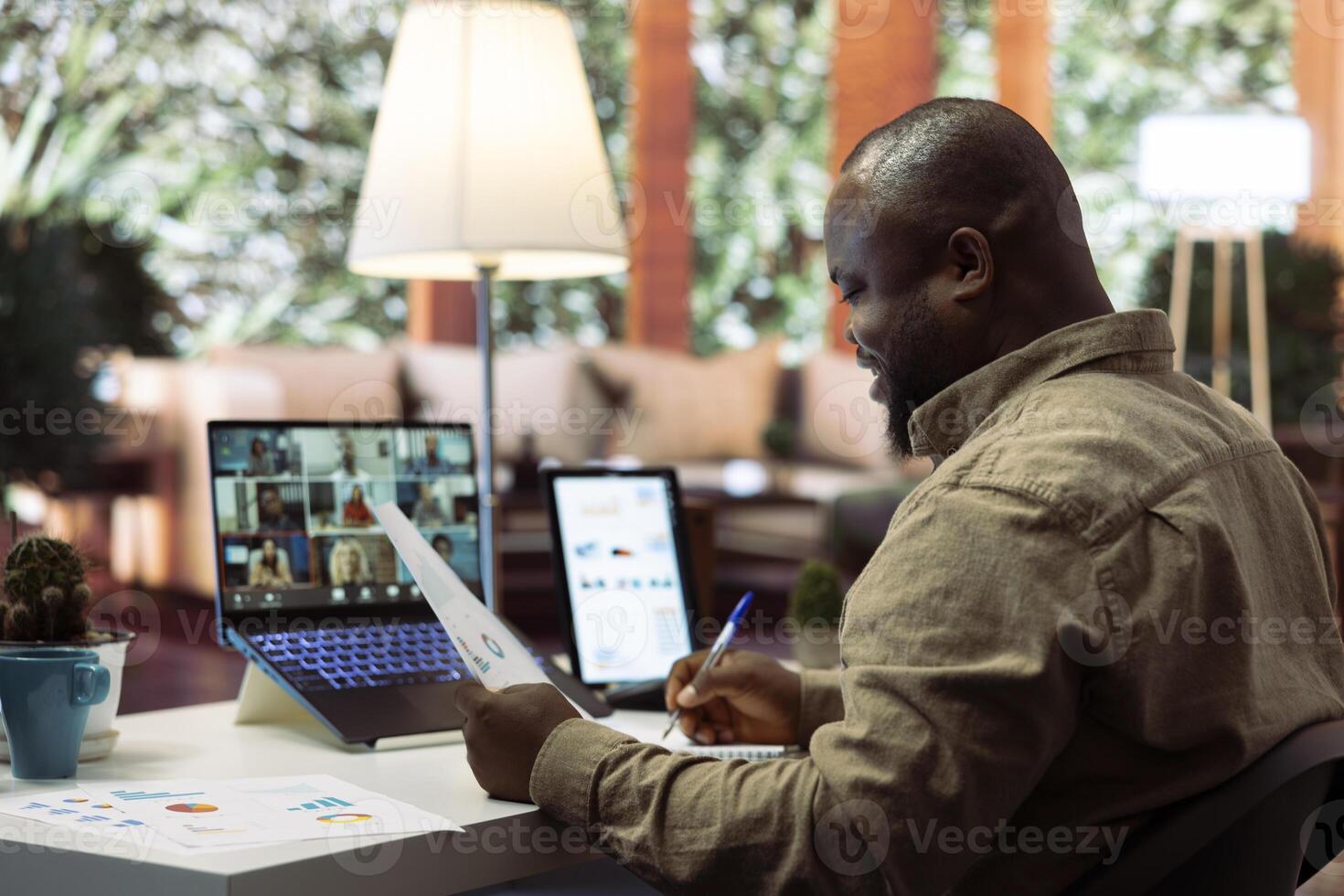 Business owner presenting annual sales accounting reports with investors during an online videocall, working to obtain new funds for expansion project. Money management and accountancy. photo