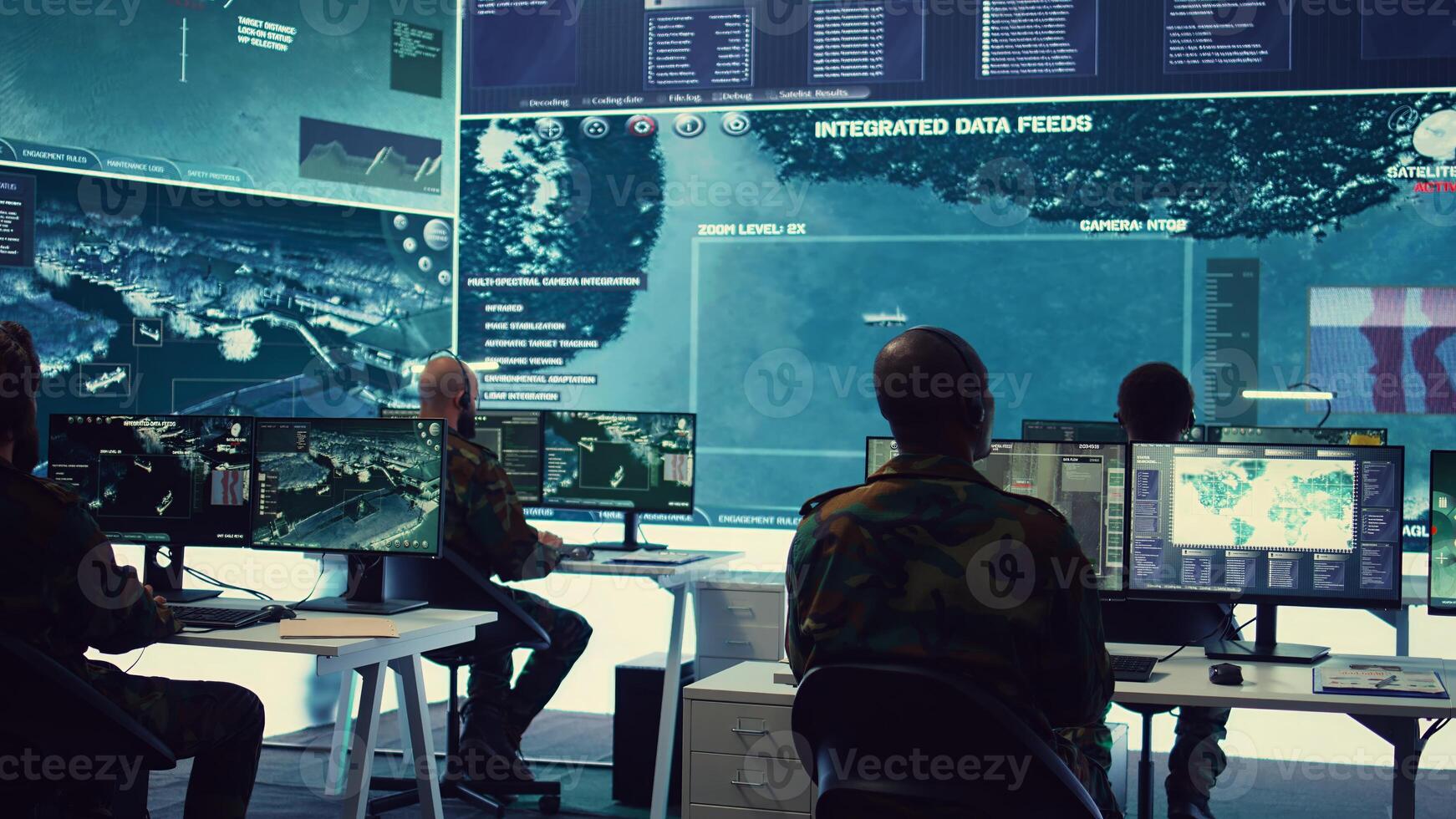 Military crew working in reconnaissance control tower power base, monitoring air and sea traffic via CCTV satellite system. National guard personnel safeguarding national coast premises. Camera B. photo