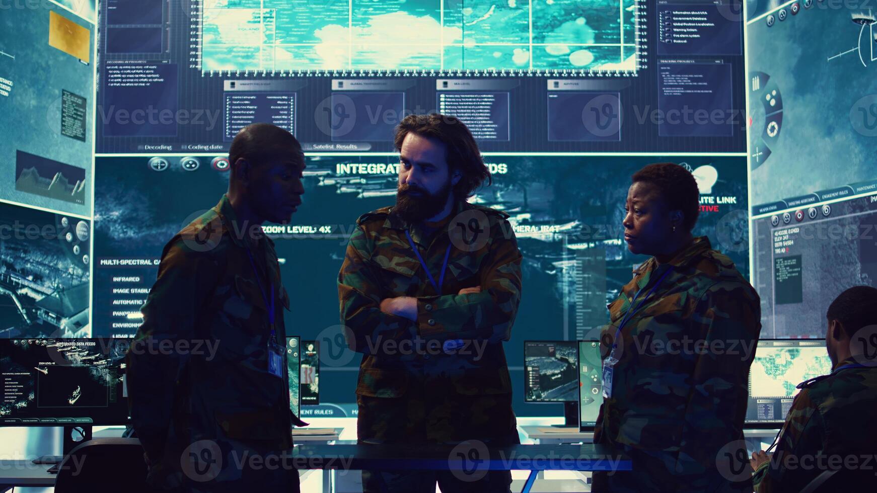 Brigadier general and his staff studying radar data on a holographic image, working with artificial intelligence and holography in a military base of operations. Ensure national safety. Camera B. photo