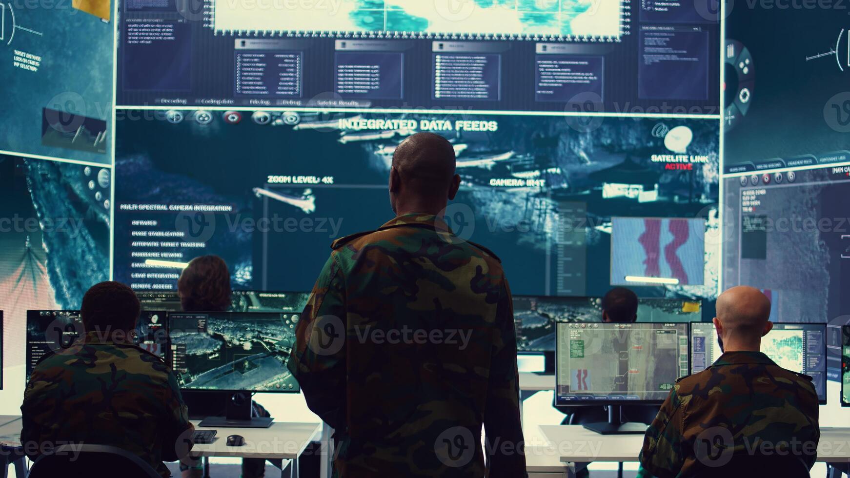 General headquarters under ruling of army IT professional that reviews insight about a new national safety mission. Command sergeant major briefing his marine corps troops with big data. Camera B. photo