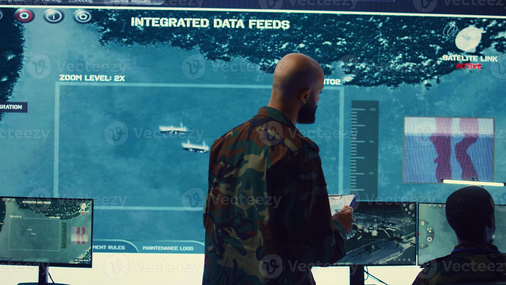 Army officer examining real time satellite data on big screen in military power base, gather intelligence on enemy vessels trajectory. Federal defense program specialist commanding troops. Camera B. photo