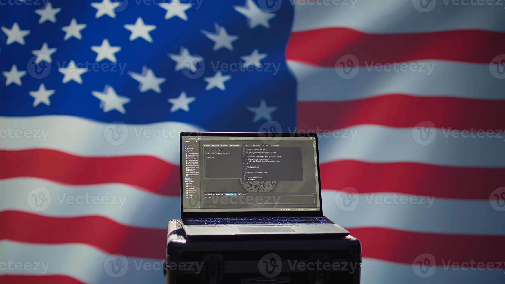 USA CIA agency using mass propaganda tools on laptop to influence population, engaging in psychological operations. Central intelligence agency commits PsyOp sabotage using device, camera B photo