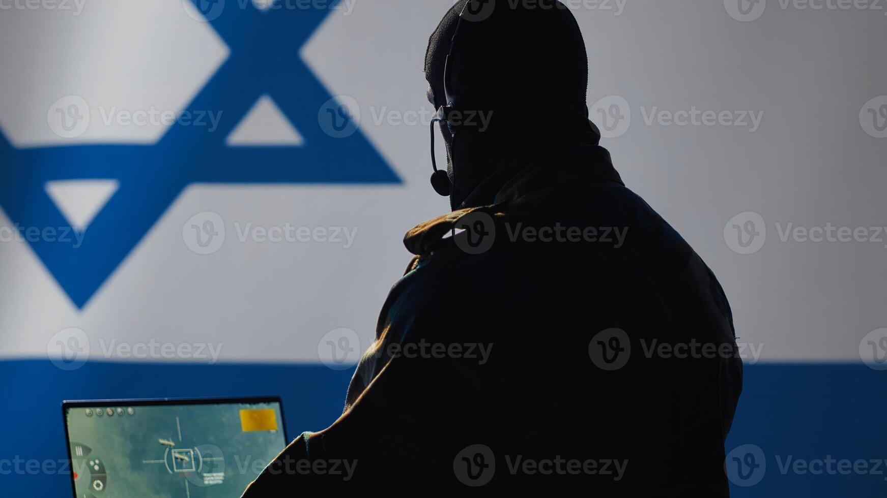 Israeli air defense operator using radar detecting missile attacks and conducting space surveillance and satellite tracking. Israel Mossad agent using military software preventing rockets, camera A photo