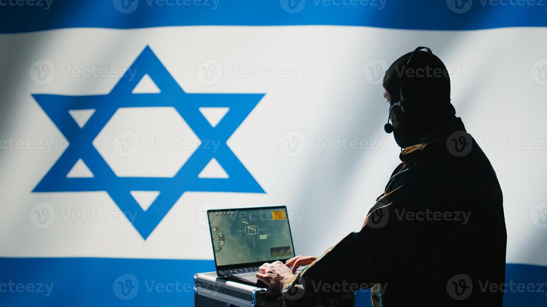 Iranian spy in control room uses military tech to identify threats during Arab Israeli conflict. Mossad intelligence agent uses software to relay info to generals on war front line, camera B photo