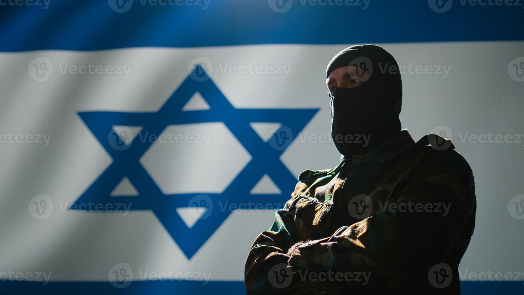 Mossad intelligence corps agent standing proud in front of Israel flag, feeling pride in serving country. Close up shot of Israeli counterintelligence operation spy in war room crossing arms, camera B photo