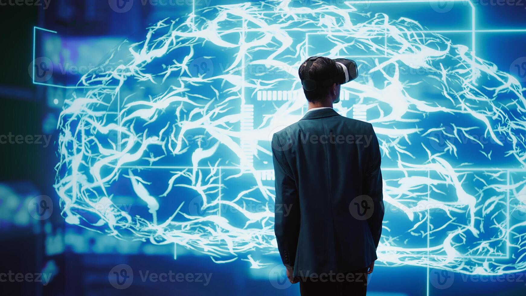 Computer scientist wearing VR headset looking at hologram of artificial intelligence human brain simulation. Indian man interacting with AI visualization showing machine learning algorithms, camera B photo