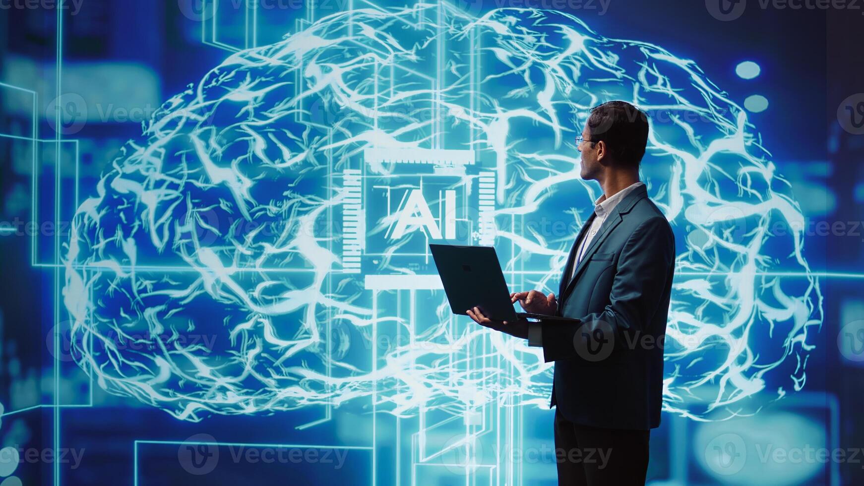 IT expert solving tasks on laptop device, running artificial intelligence programming scripts. Indian man using notebook to write lines of code for AI applications development, camera B photo