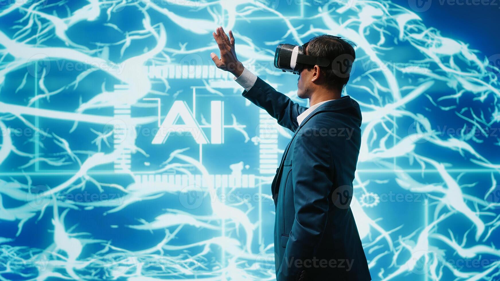 Developer wearing VR smart goggles working with artificial intelligence neural networks. IT expert using virtual reality tech and AI systems in futuristic workspace, camera A photo
