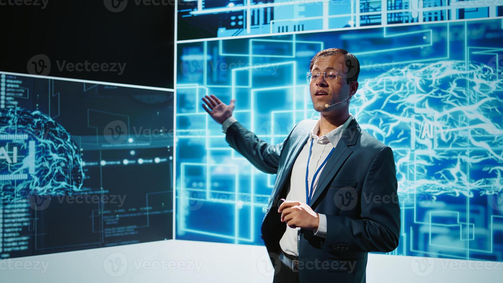 Smiling public speaker hosting AI convention gathering tech startups managers and academics. IT expert moderating symposium, teaching industry workers how to tap into artificial intelligence, camera B photo
