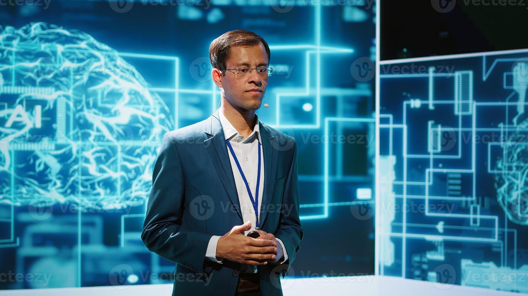 Smiling public speaker hosting AI convention gathering tech startups managers and academics. IT expert moderating symposium, teaching industry workers how to tap into artificial intelligence, camera A photo