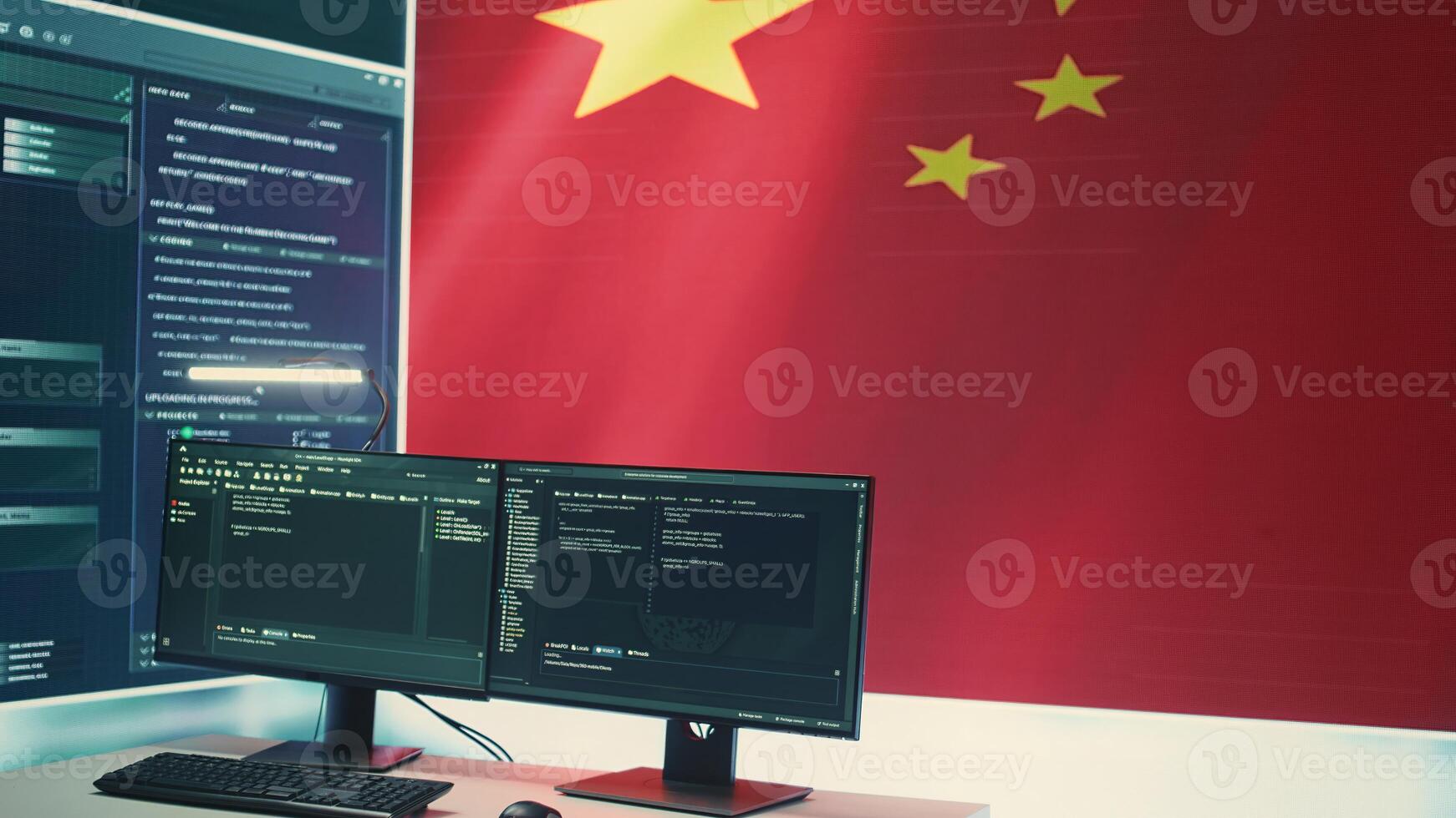High tech surveillance room featuring a Chinese flag on big screen, concept of cyber security and brainwashing. China hybrid warfare, political manipulation and unauthorized access threats. Camera B. photo