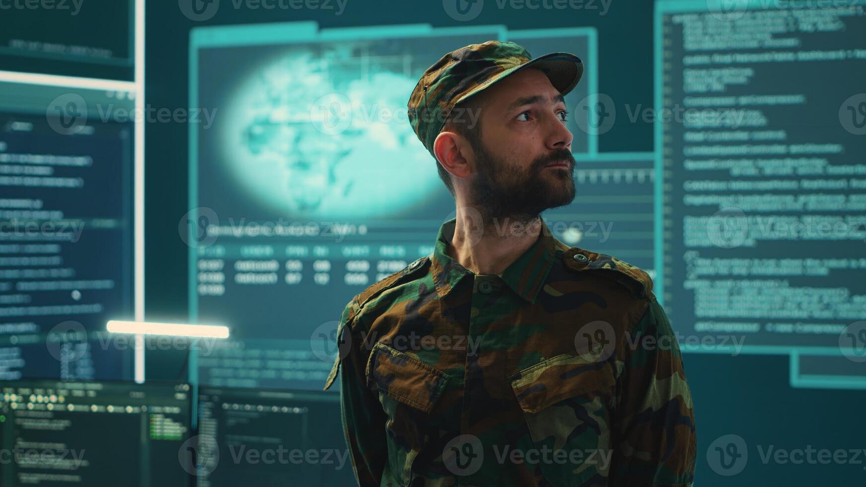 Military hackers in a secret service cyber operations room working on national security. Fighting cyber terrorism during information war and protecting against digital conflicts, high tech. Camera A. photo
