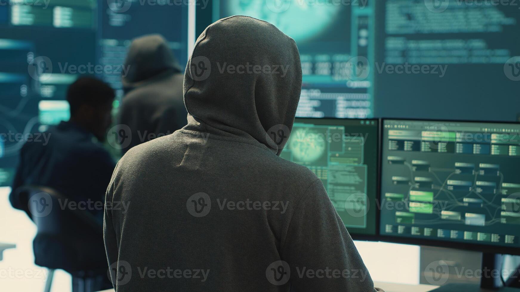 Cyber security specialist conducting cyber surveillance and threat detection in a governmental agency. Professional hackers team managing cybercrime prevention and malware detection. Camera A. photo