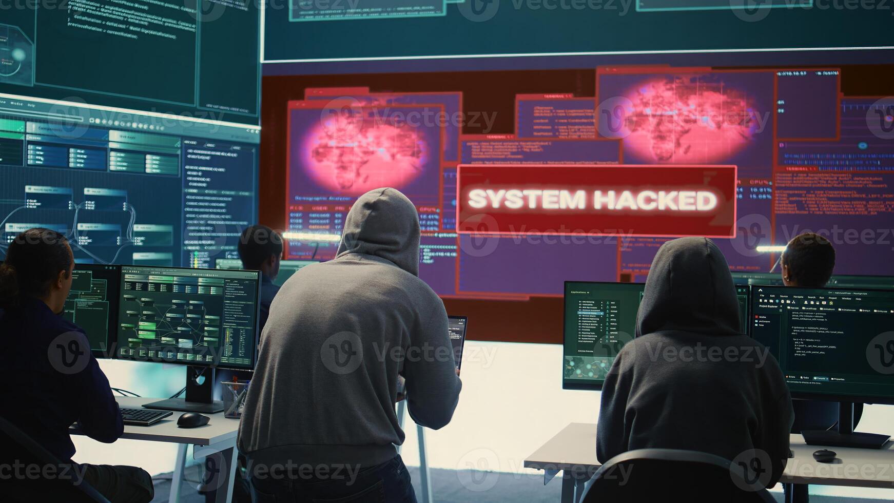 Group of governmental hackers successfully breaking into servers to steal important data, experts feeling happy and proud of their criminal achievement. Espionage system in high tech agency. Camera B. photo