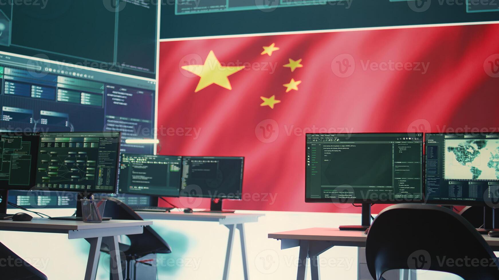 Empty governmental hacking room with chinese flag on a big screen, cyberwarfare and misinformation. Chinese propaganda, fake news and the spread of disinformation during a hybrid war. Camera B. photo
