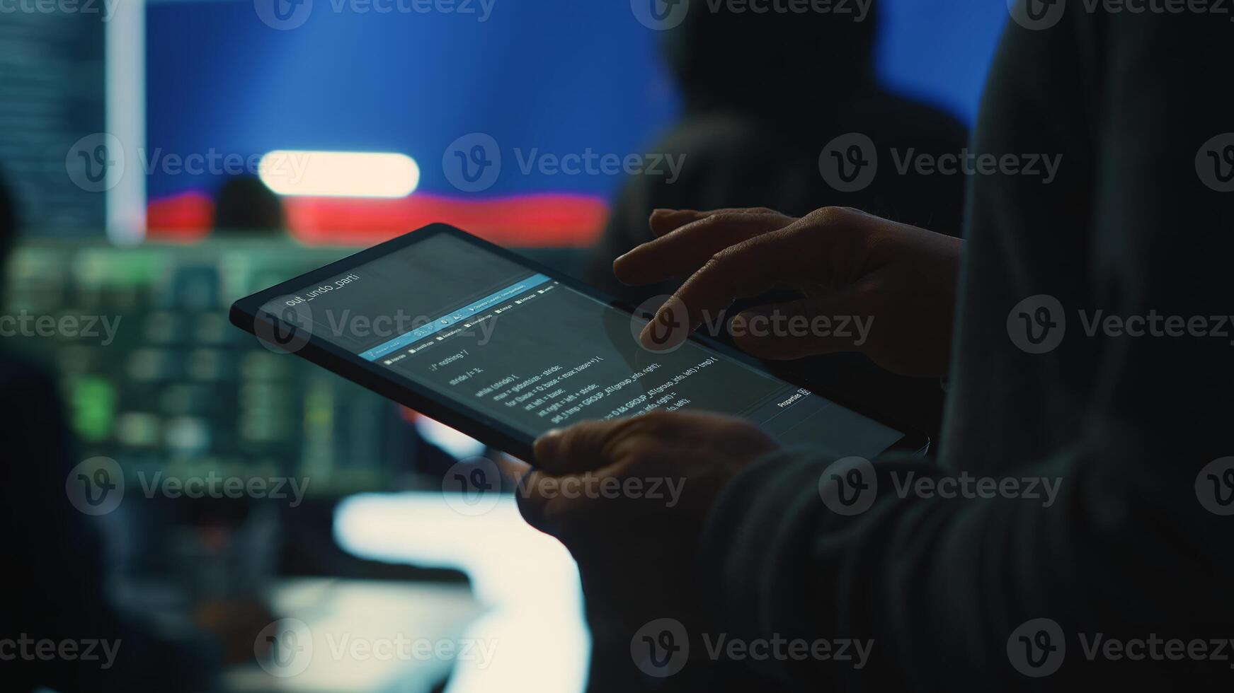 Person uses tablet in governmental cyber security room working under the Russian flag. Making cyber threats, hacking systems to gain unauthorized access, and spreading fake news. Close up. Camera A. photo