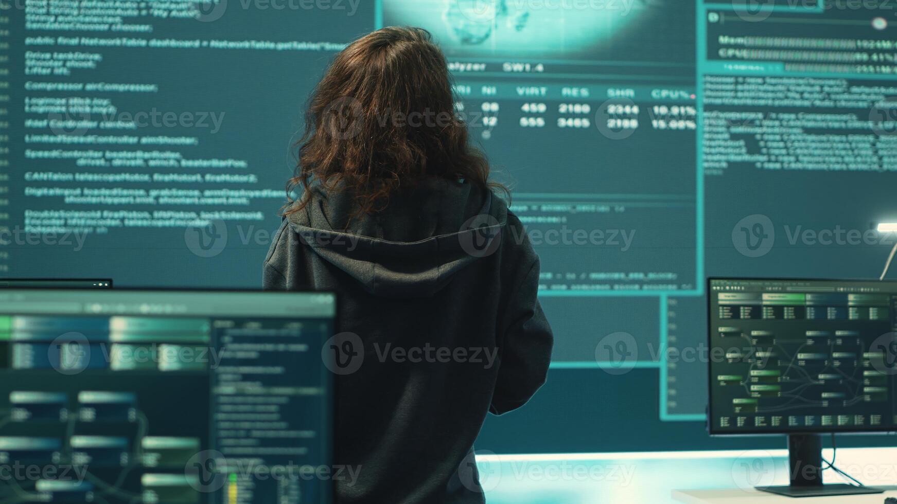 Hackers team engaging in governmental espionage and using phishing techniques for illegal access to data, working on national security breach. Spyware agency gains access on a big screen. Camera A. photo