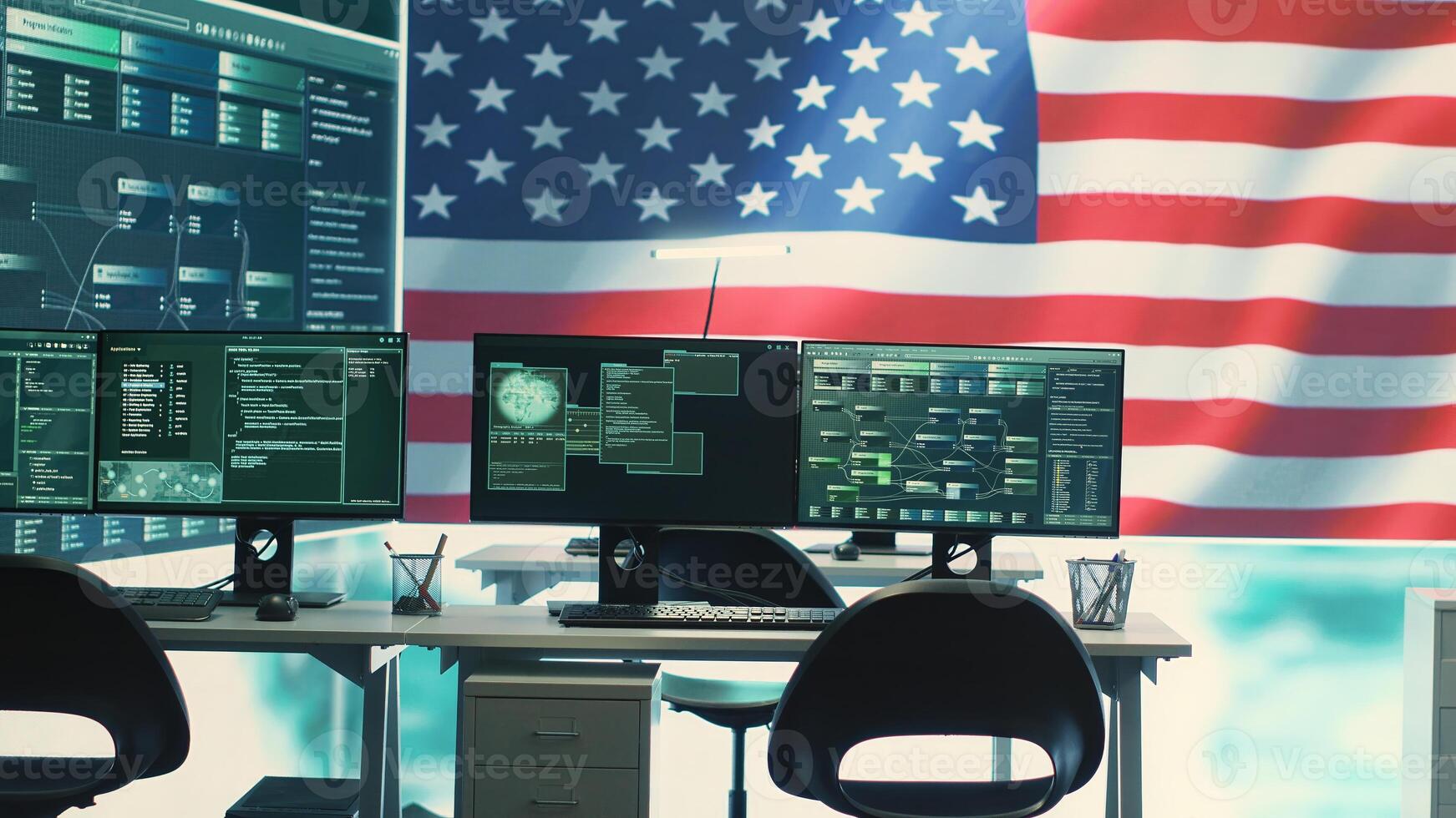 Empty governmental surveillance room shows an American flag, cybersecurity and data protection. High tech operations center focusing on threat and malware detection, security protocols. Camera A. photo
