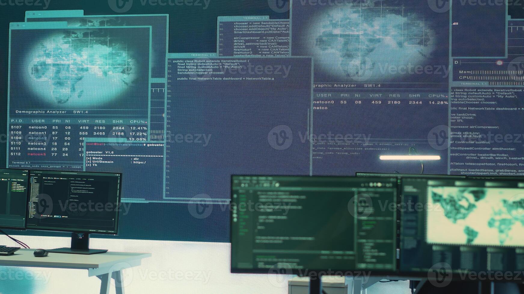 High tech empty surveillance room for cyber security monitoring. Governmental agency protecting against cyber threats, cybercrime and data breaches with advanced technology. Hybrid warfare. Camera A. photo