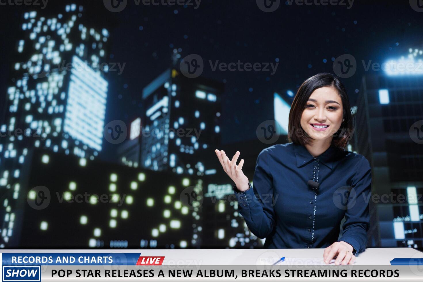 Artist breaking records and charts tops with new album release, woman presenter talking about pop start launching music. Night show host introducing new songs from famous musician. photo