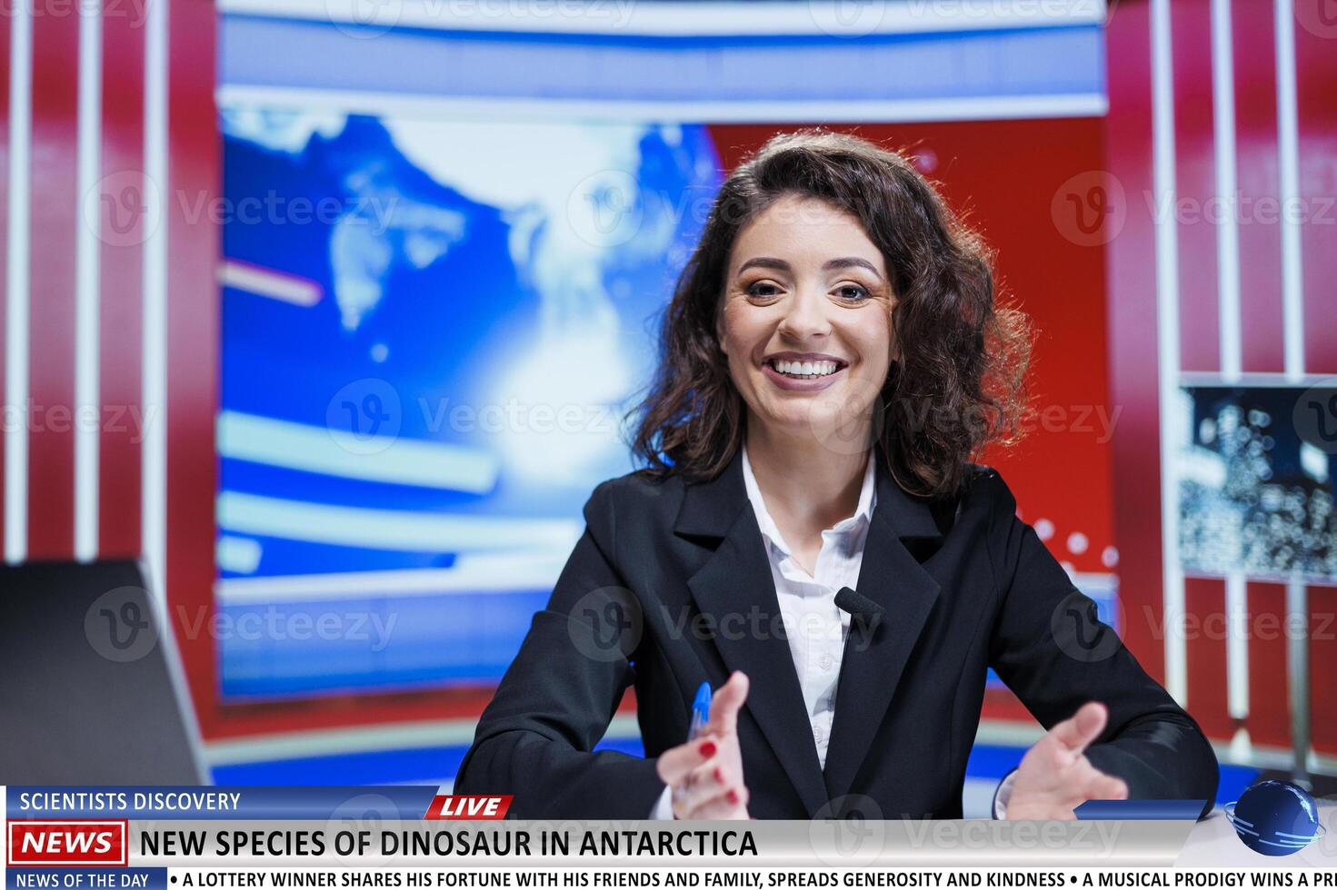 On live tv program, news reporter describes amazing find where experts discovered an unusual kind of dinosaur in Antarctica. Media presenter debating bizarre finding on late night show. photo