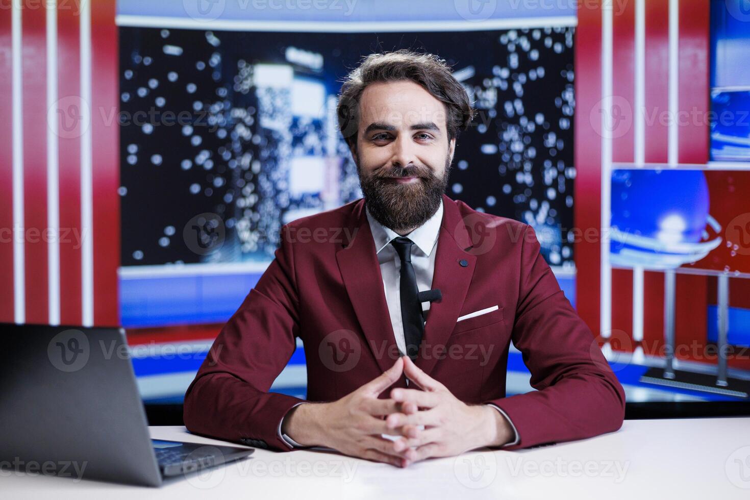 News reporter hosting midnight talk show offering latest news stories and current international affairs. Male broadcaster transmitting live discussion about daily global information. photo