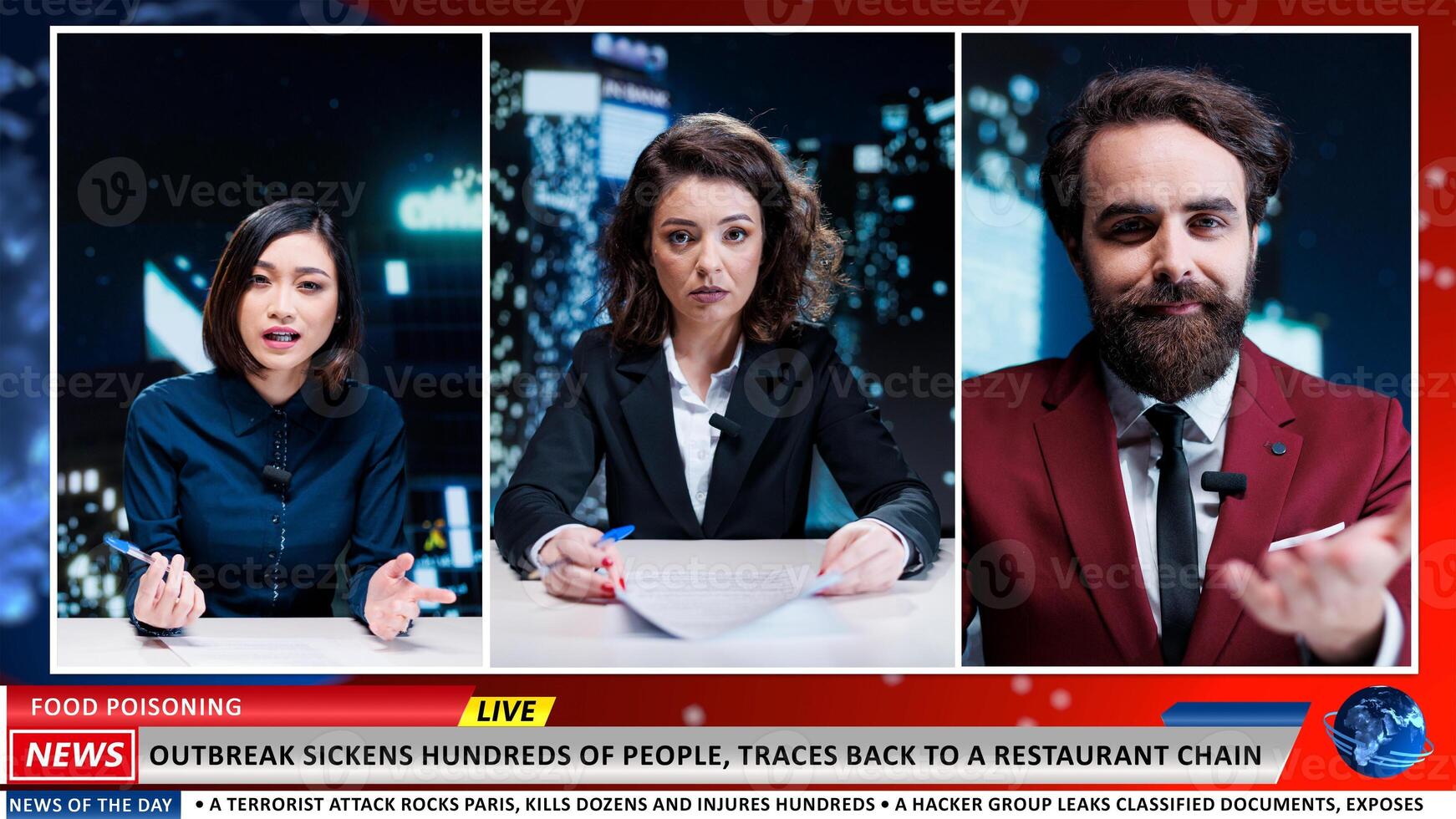 Virus outbreaks scares population, problem traced back to unsafe restaurant serving turned meals to clients. Expert show colleagues debating food poisoning problems, consumers protection. photo