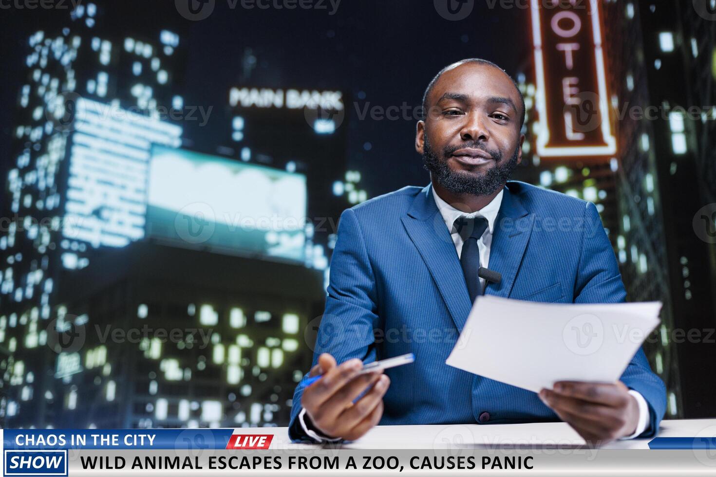 Newscaster causing panic among citizens because of wild animal escape from zoo, terrified population finding about free wildlife species roaming around town. Man journalist reading live headlines. photo