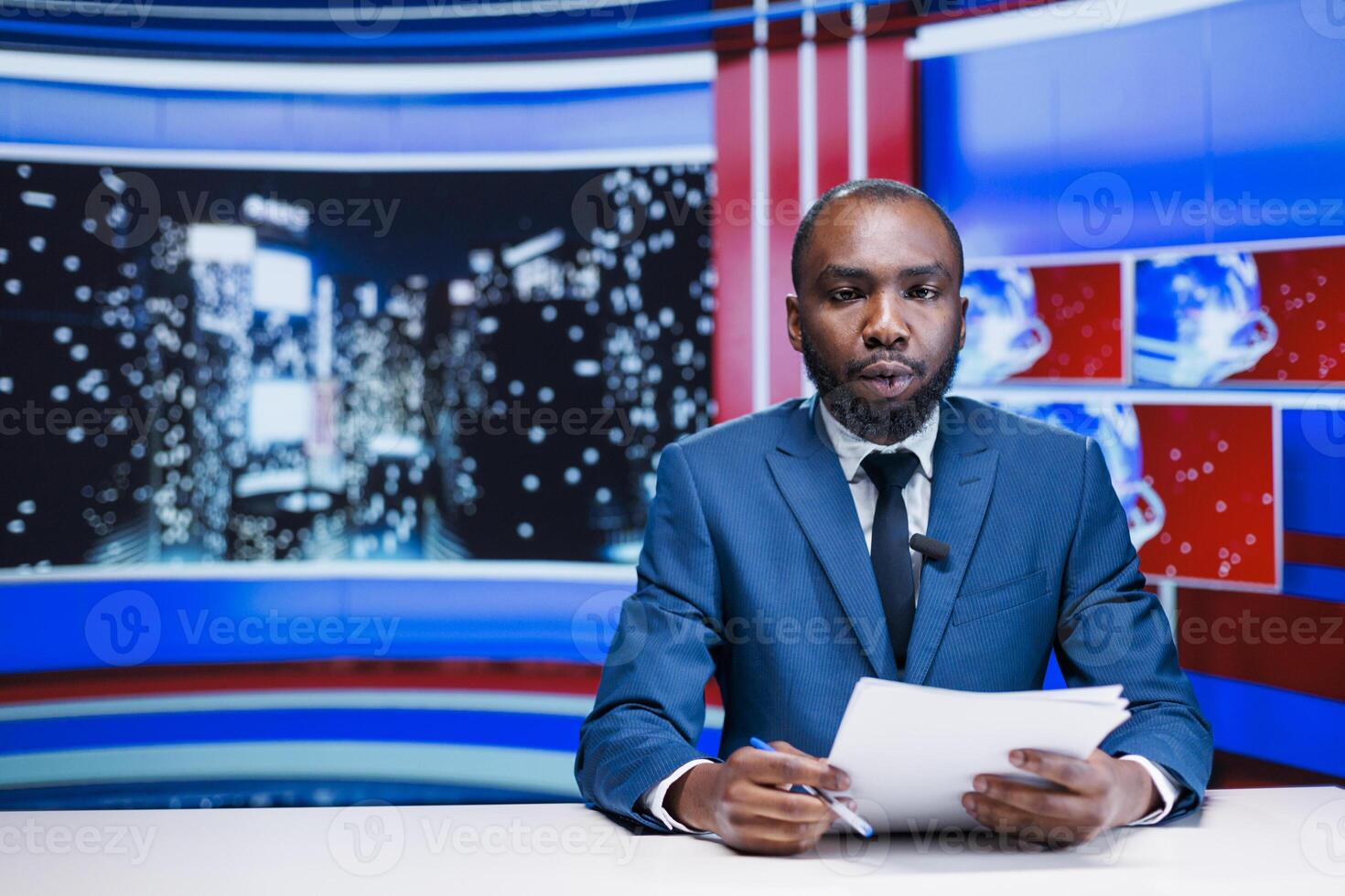 Night show host presenting news on live broadcast for television channel content, using media headlines to deliver relevant information and events. Journalist in newsroom reporting newscast. photo