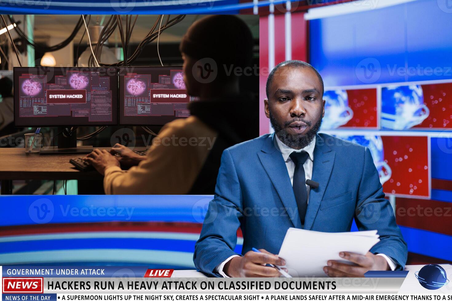 Reporter addresses hardware IT attacks, danger of stealing identities and online criminal activity. Man tv journalists describing cyberbullying and reckless criminals who steal information. photo