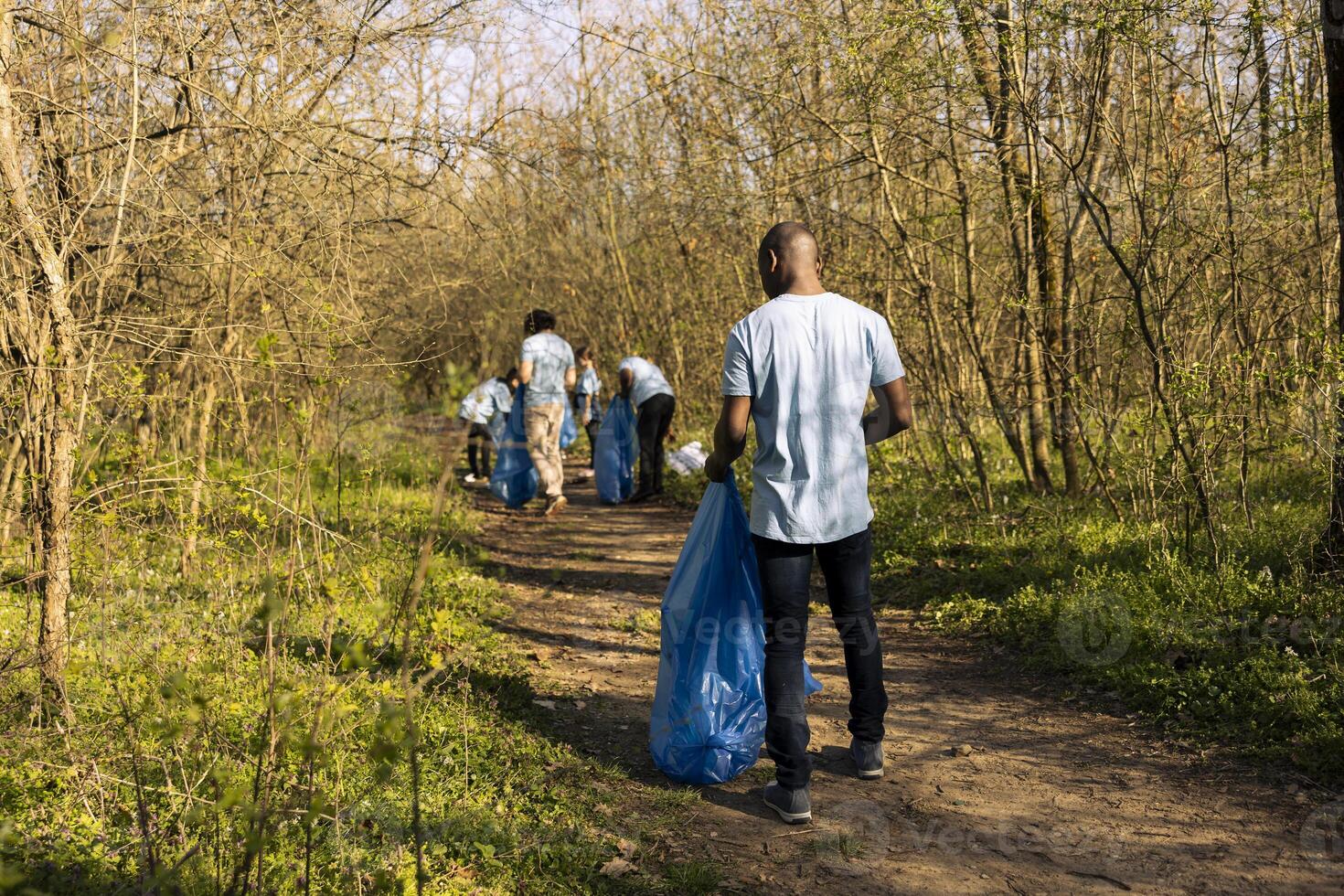 African american volunteer collecting garbage for community service, contributing to litter cleanup mission. Young adult preserving and clearing the natural forest environment. photo