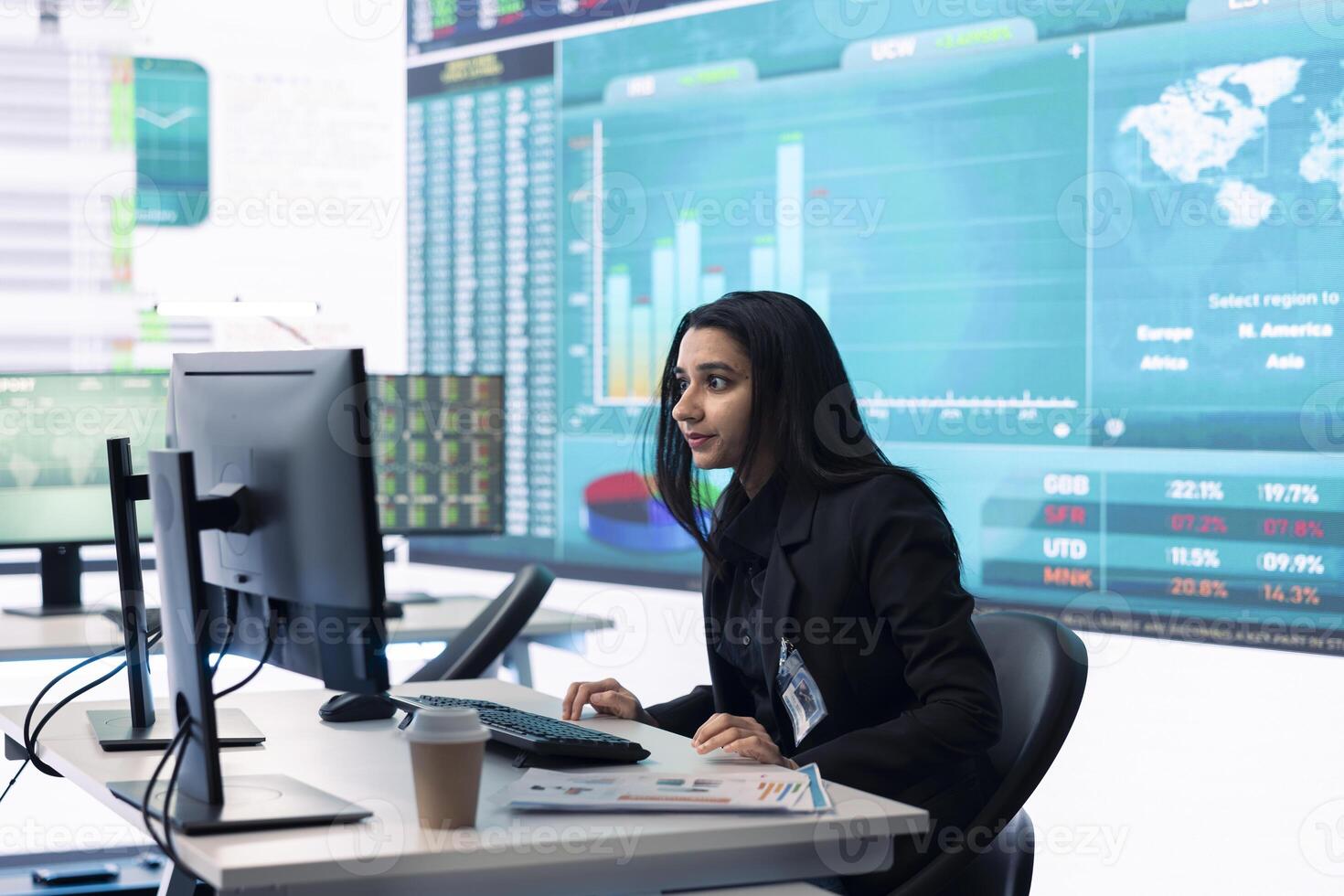 Business specialist reviewing key performance indicators within the firm activity. Conducting evaluations in order to help with global corporation expansion, enhance team efficiency. photo