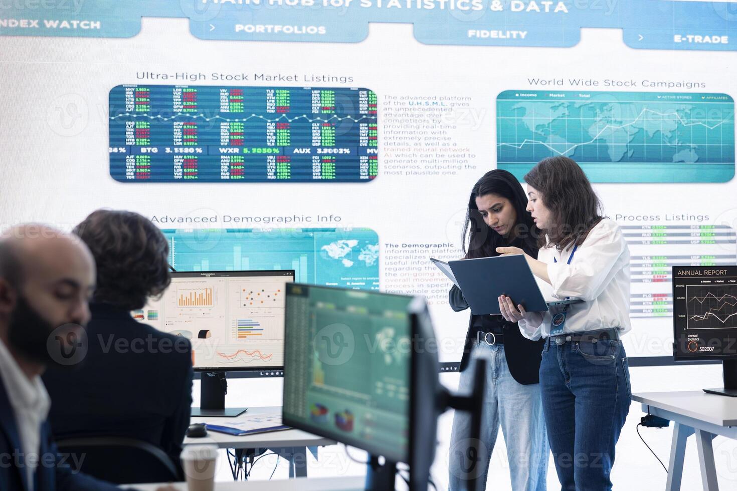 Professional forecast affiliates group work in monitoring room, making crucial decisions together to ensure objectives accomplishment and work on international business expansion. photo